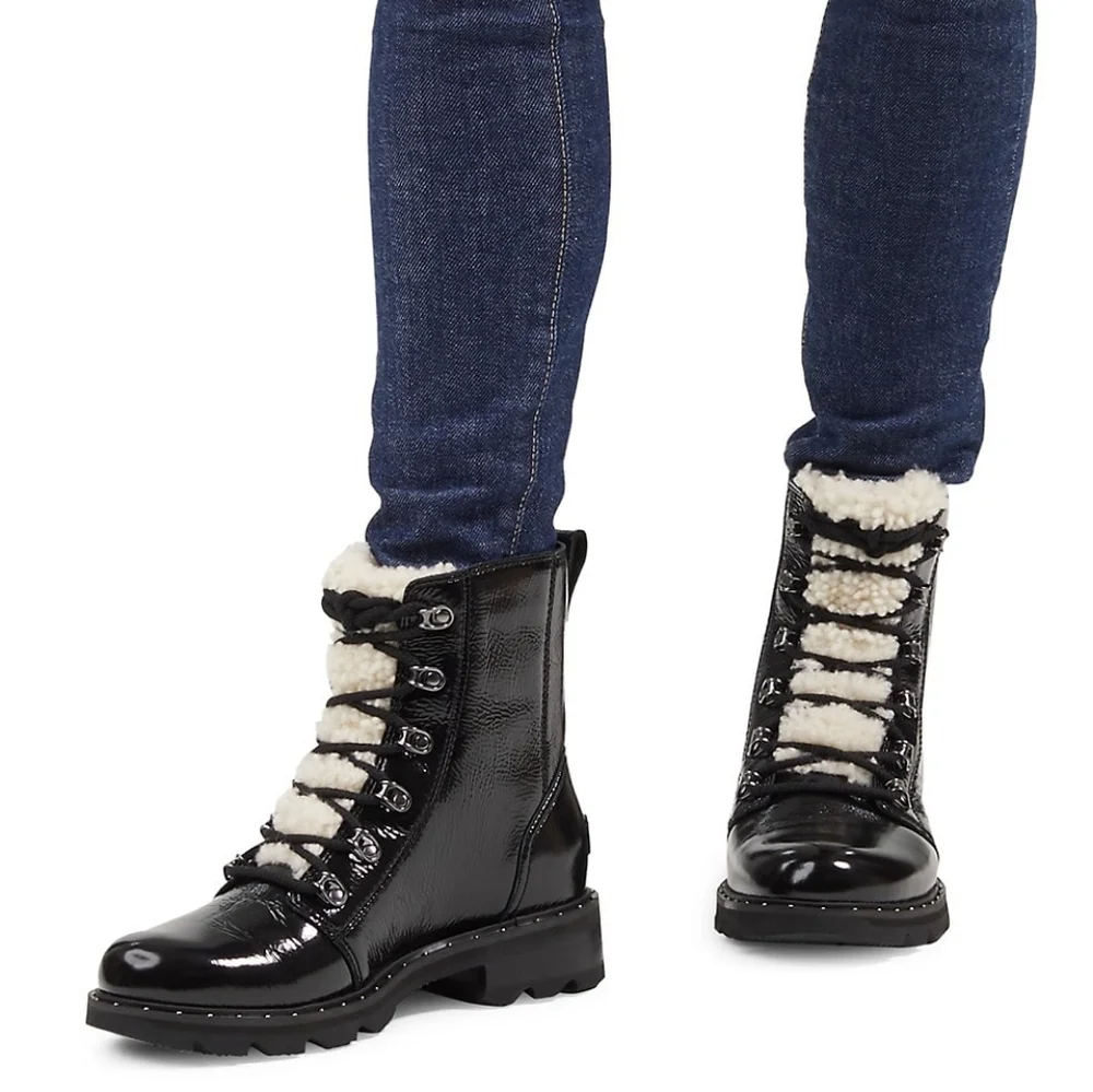 ๐คSOLD๐คSorel Lennox Shearling-Trimmed Patent Leather Combat Boots - Picture 1 of 10